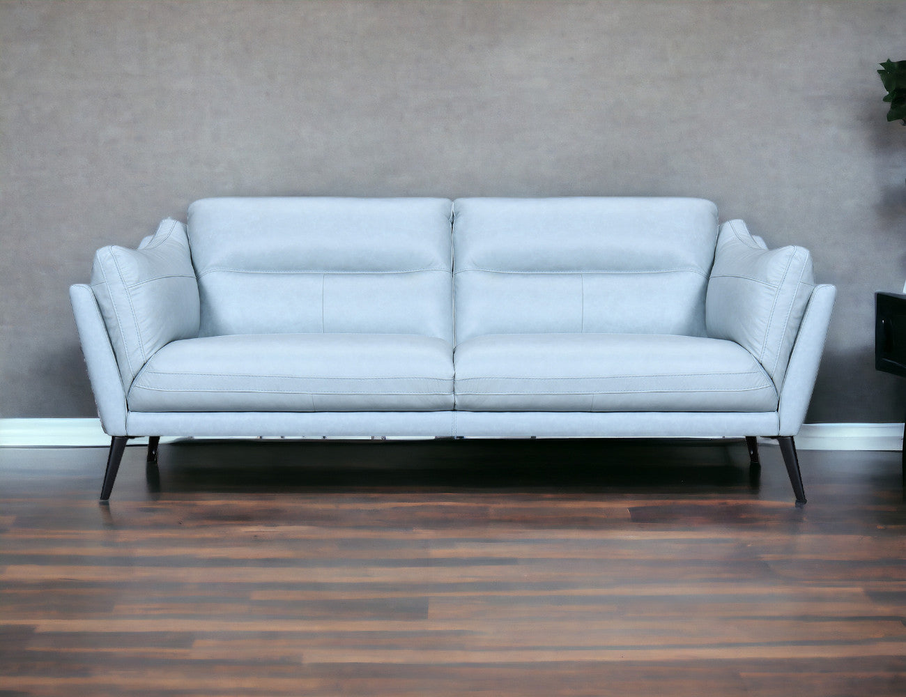 87" Sky Blue Leather Sofa With Black Legs