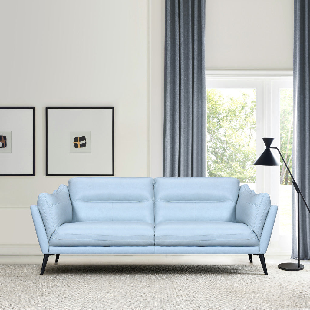 87" Sky Blue Leather Sofa With Black Legs