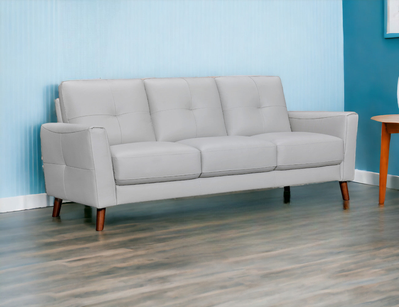 82" Light Slate Gray Leather Sofa With Brown Legs