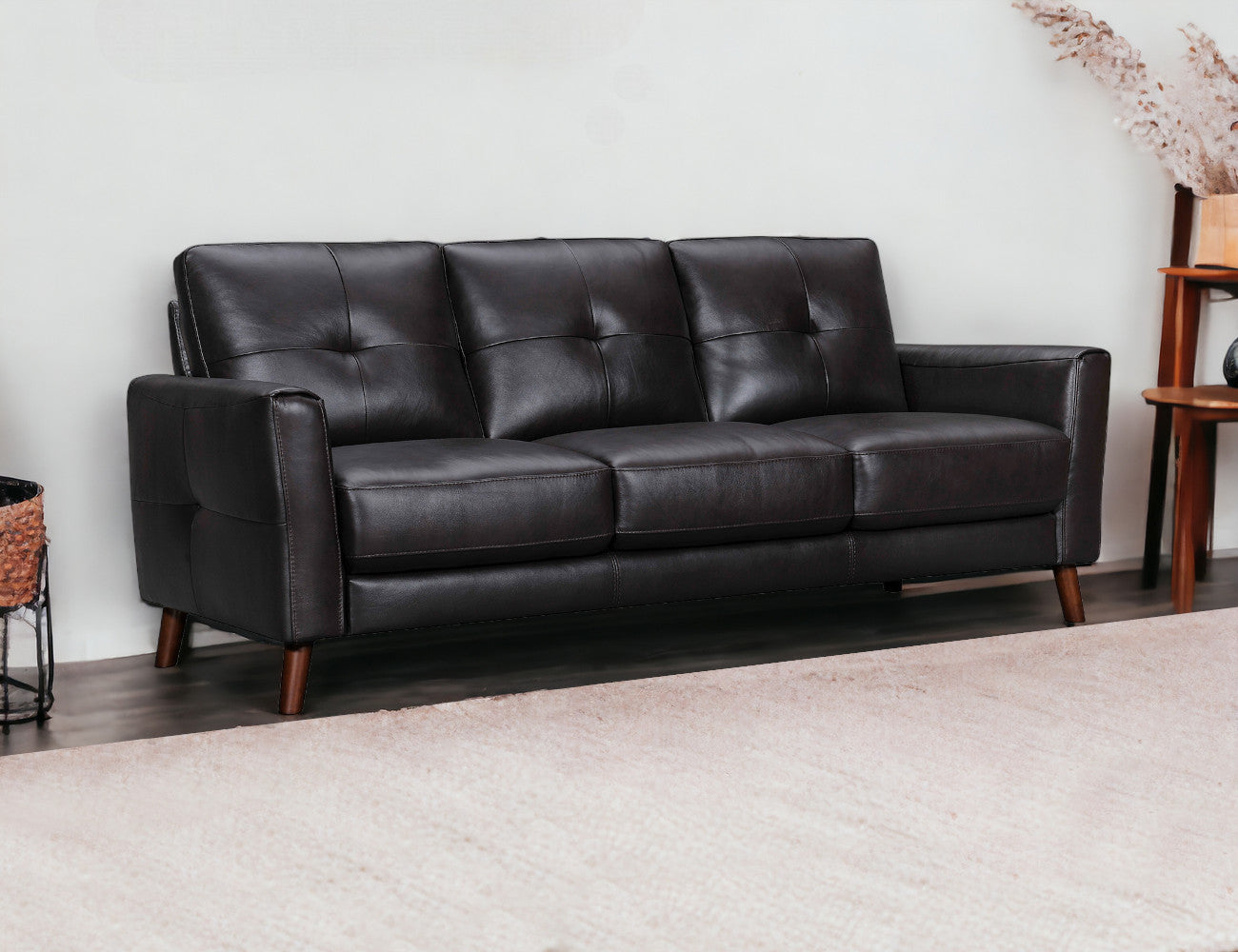 82" Black Leather Sofa With Brown Legs