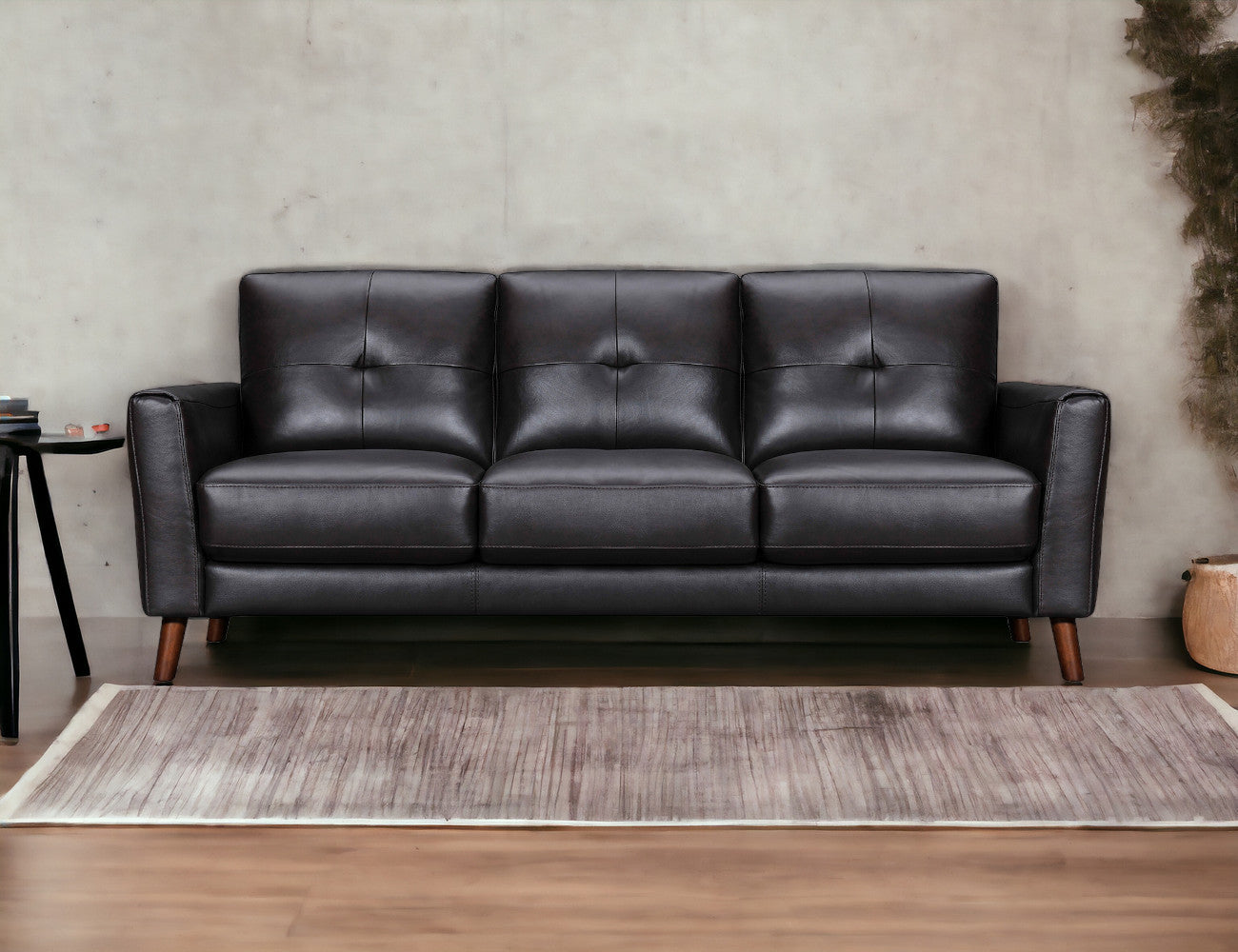 82" Black Leather Sofa With Brown Legs