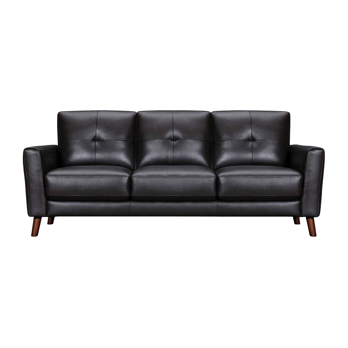 82" Black Leather Sofa With Brown Legs