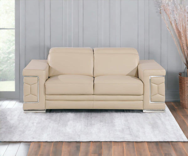 71 Beige And Silver Genuine Leather Love Seat