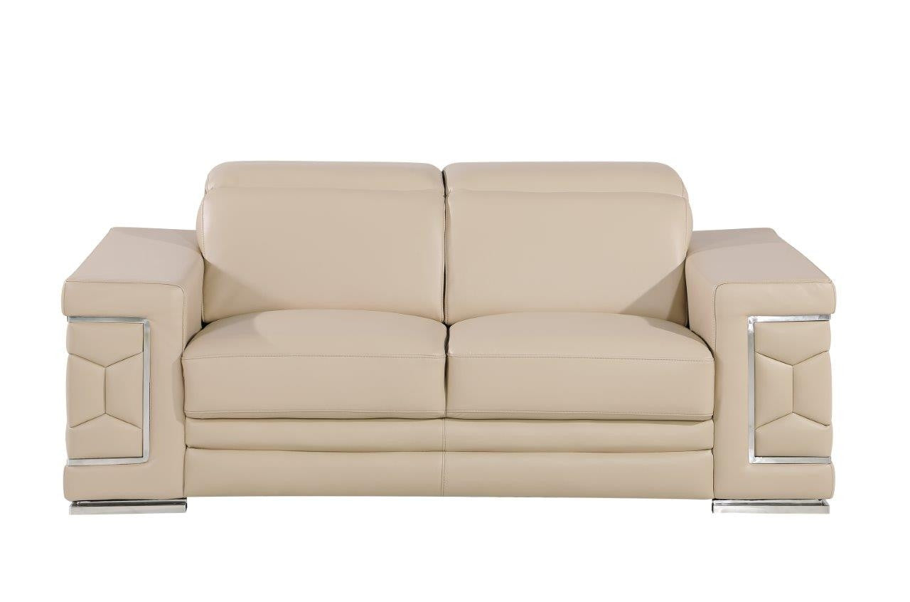 71" Beige And Silver Genuine Leather Love Seat