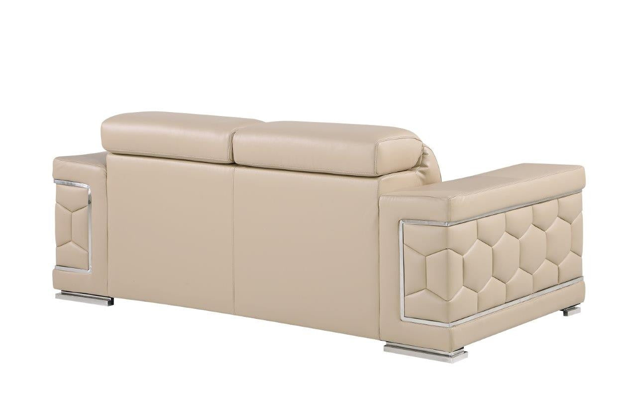 71" Beige And Silver Genuine Leather Love Seat