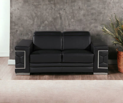 71" Black And Silver Genuine Leather Love Seat