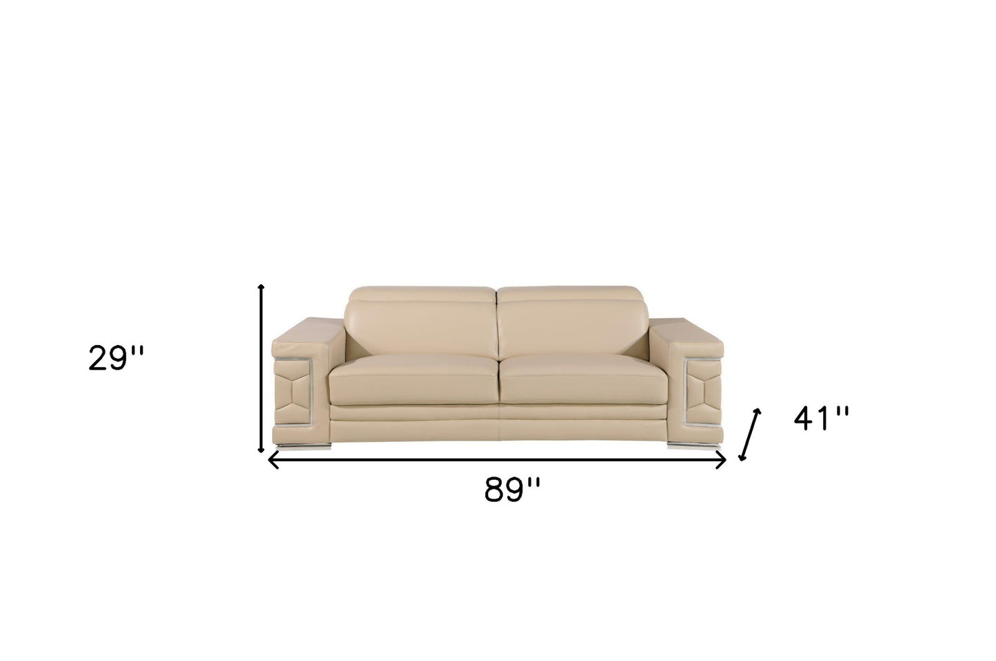 89" Beige Leather Sofa With Silver Legs