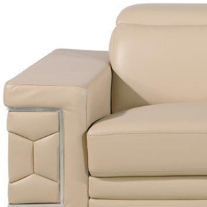 89" Beige Leather Sofa With Silver Legs