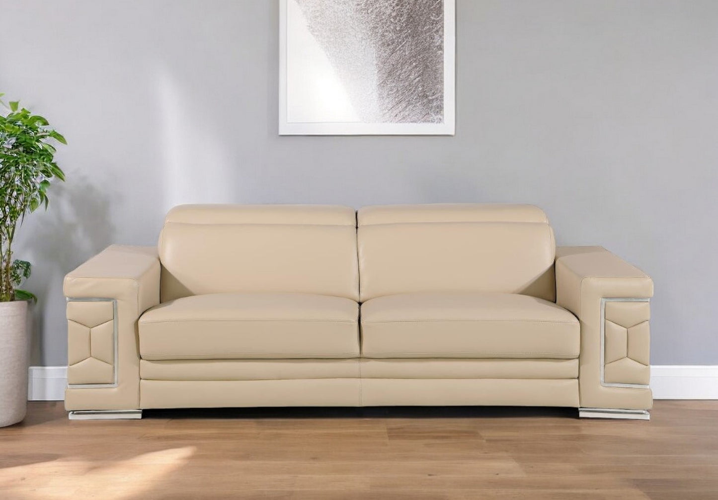 89" Beige Leather Sofa With Silver Legs