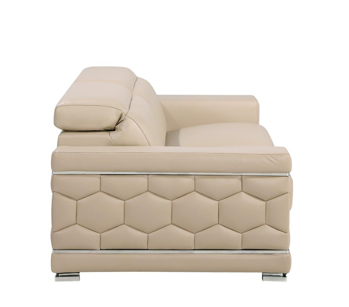 89" Beige Leather Sofa With Silver Legs