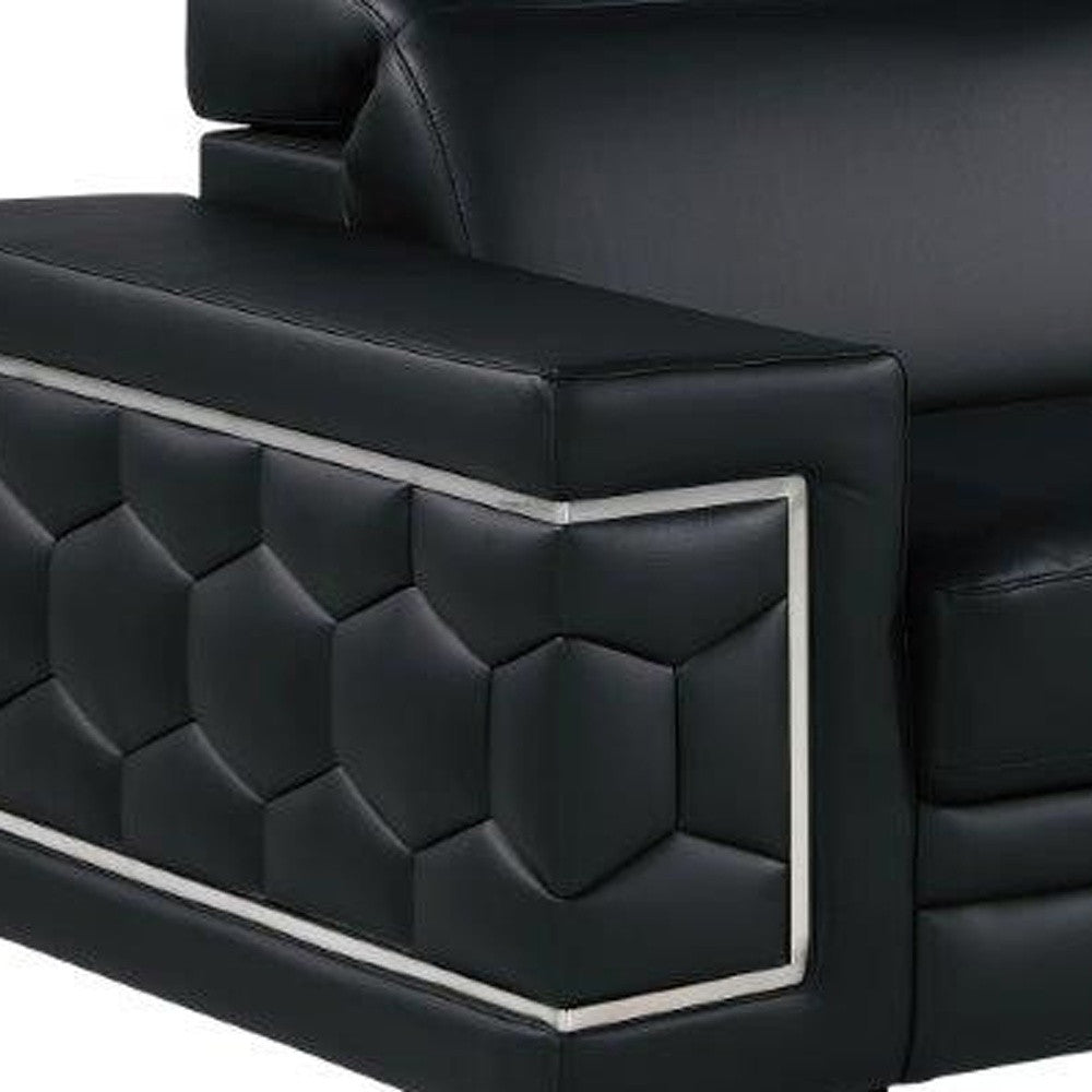 89" Black Leather Sofa With Silver Legs