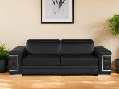 89" Black Leather Sofa With Silver Legs