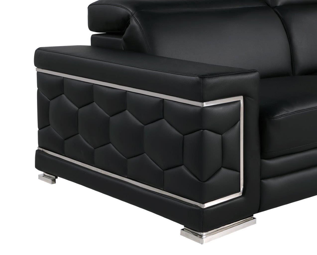 89" Black Leather Sofa With Silver Legs