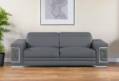 89" Gray Leather Sofa With Silver Legs