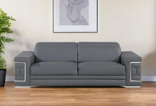 89 Gray Leather Sofa With Silver Legs