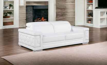 89" White Leather Sofa With Silver Legs