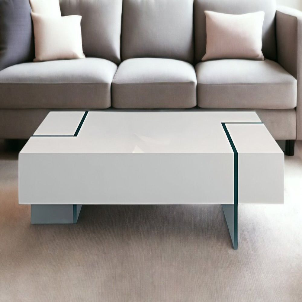 Modern coffee table in front of a gray sectional sofa