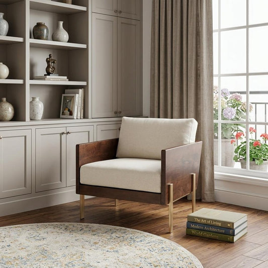 31" White Brown And Gold Top Grain Leather Arm Chair