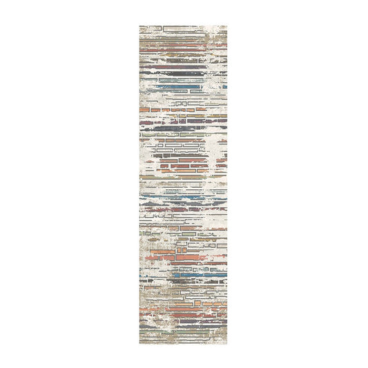 8' Beige Geometric Distressed Runner Rug With Fringe