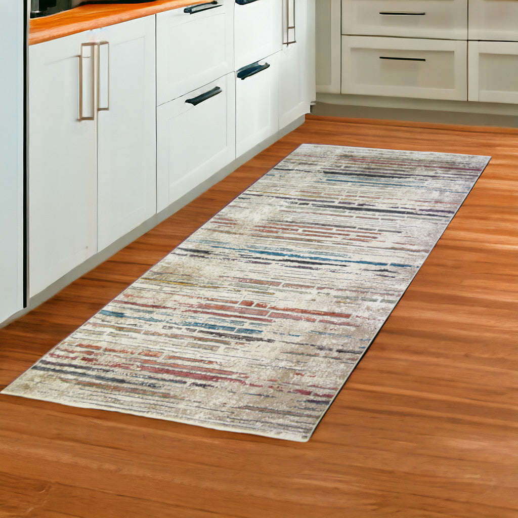 8' Beige Geometric Distressed Runner Rug With Fringe