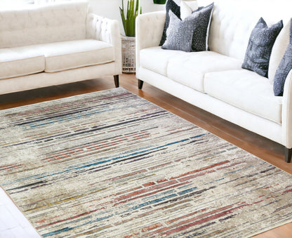 5' x 8' Beige Geometric Distressed Area Rug With Fringe