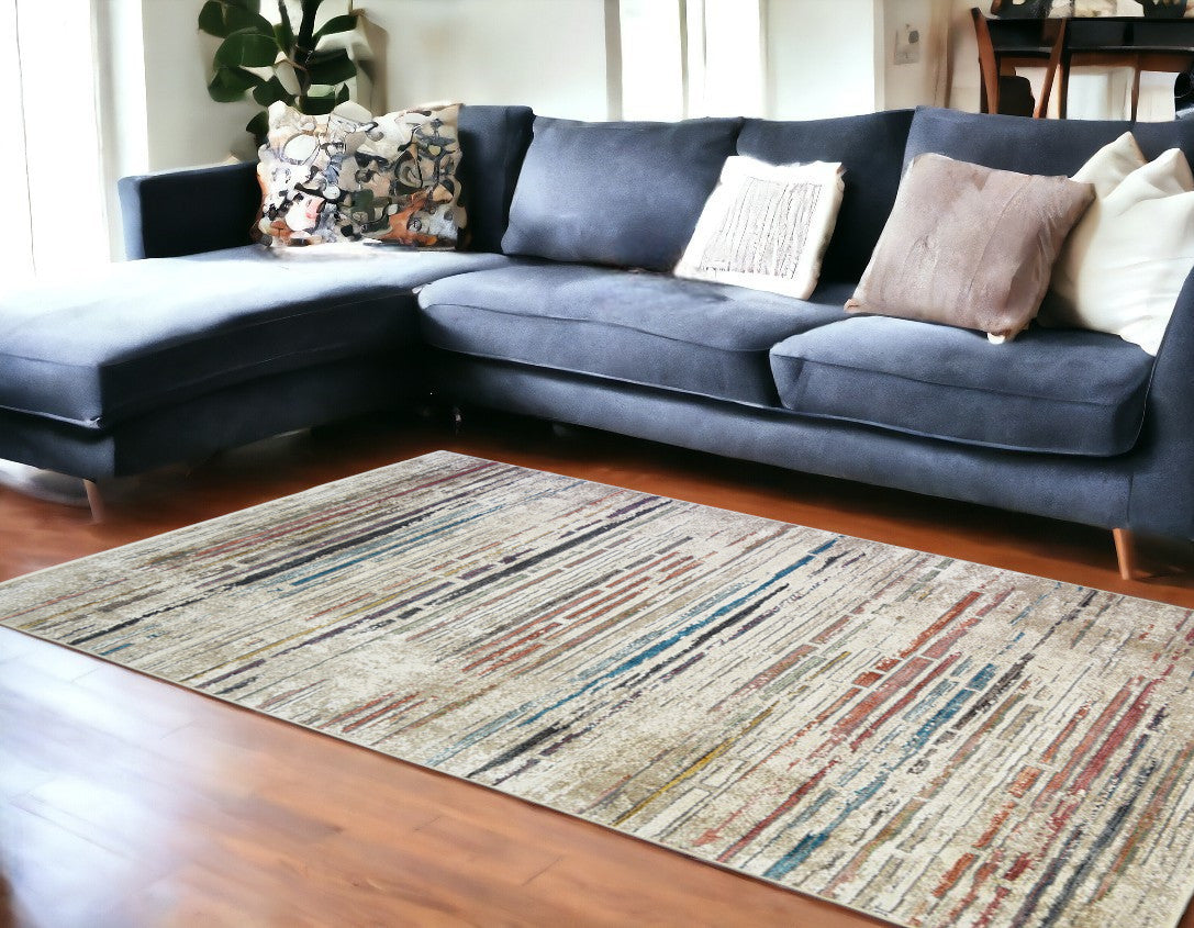 9' X 13' Beige Geometric Distressed Area Rug With Fringe