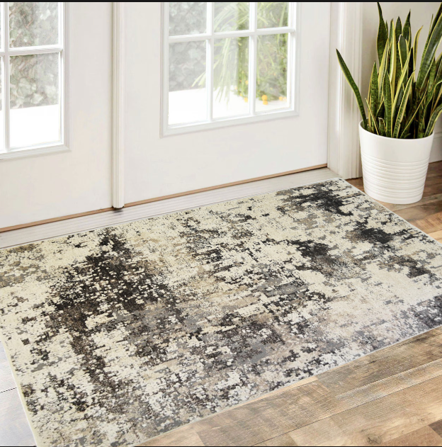 2' x 3' Black Abstract Distressed Area Rug With Fringe