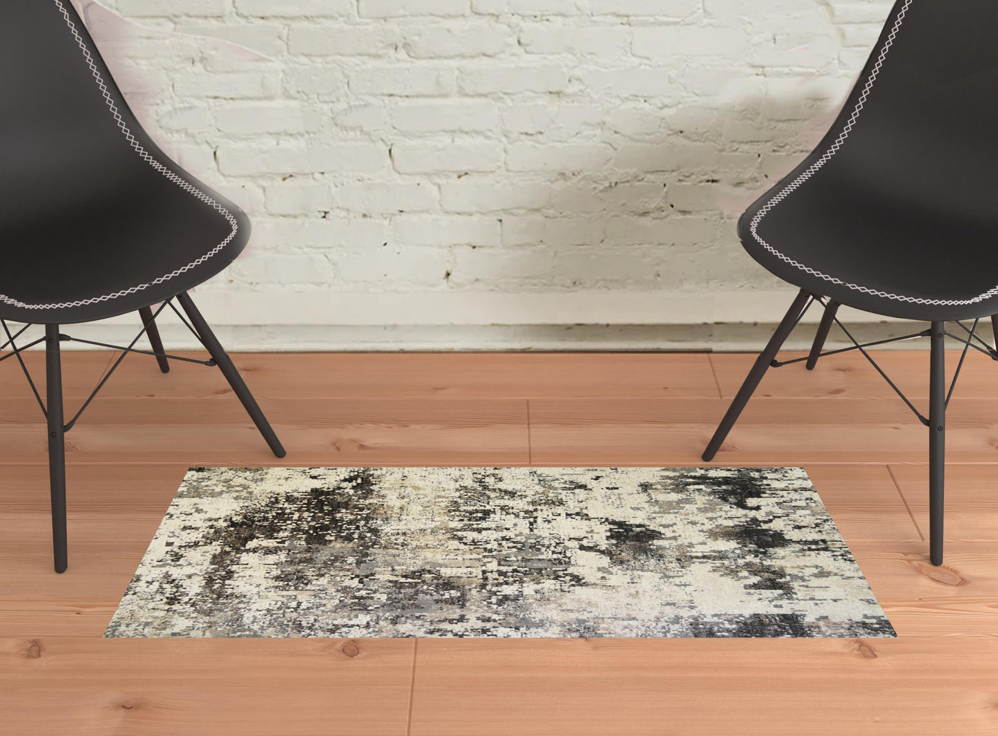 2' x 3' Black Abstract Distressed Area Rug With Fringe