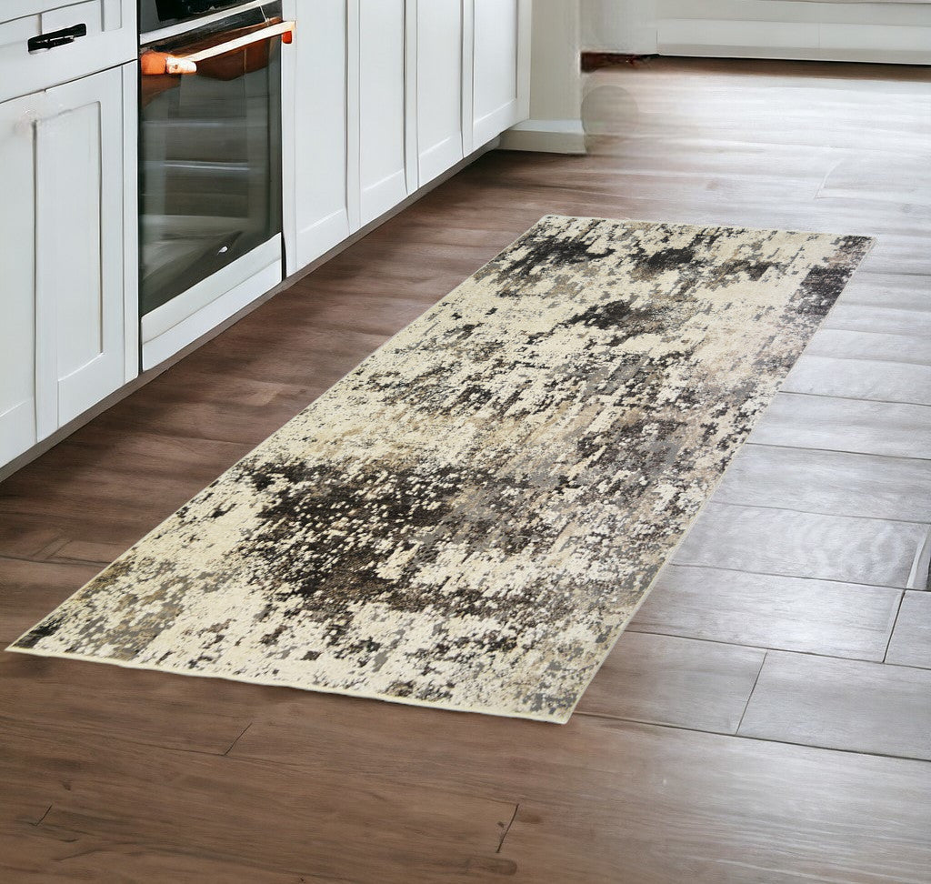 8' Black Abstract Distressed Runner Rug With Fringe