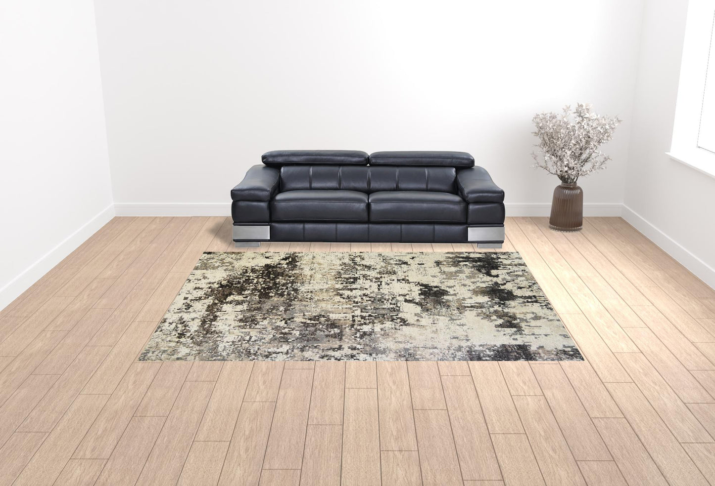 9' X 13' Black Abstract Distressed Area Rug With Fringe