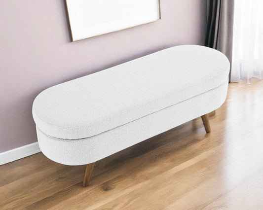 44" White and Brown Linen Upholstered Storage Bench with Flip Top