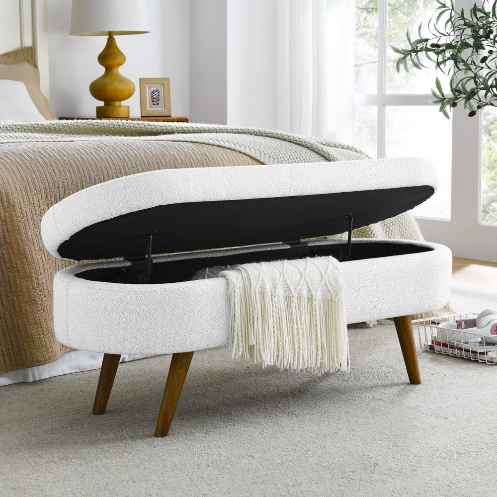 44" White and Brown Linen Upholstered Storage Bench with Flip Top