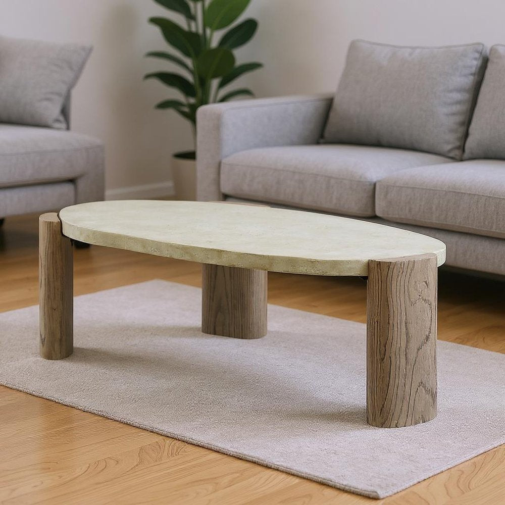 47" Beige and Oak Distressed Cement Oval Coffee Table
