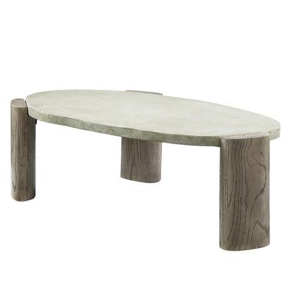 47" Beige and Oak Distressed Cement Oval Coffee Table