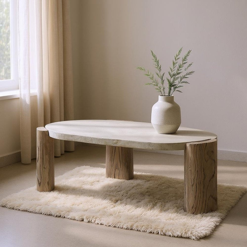 47" Beige and Oak Distressed Cement Oval Coffee Table