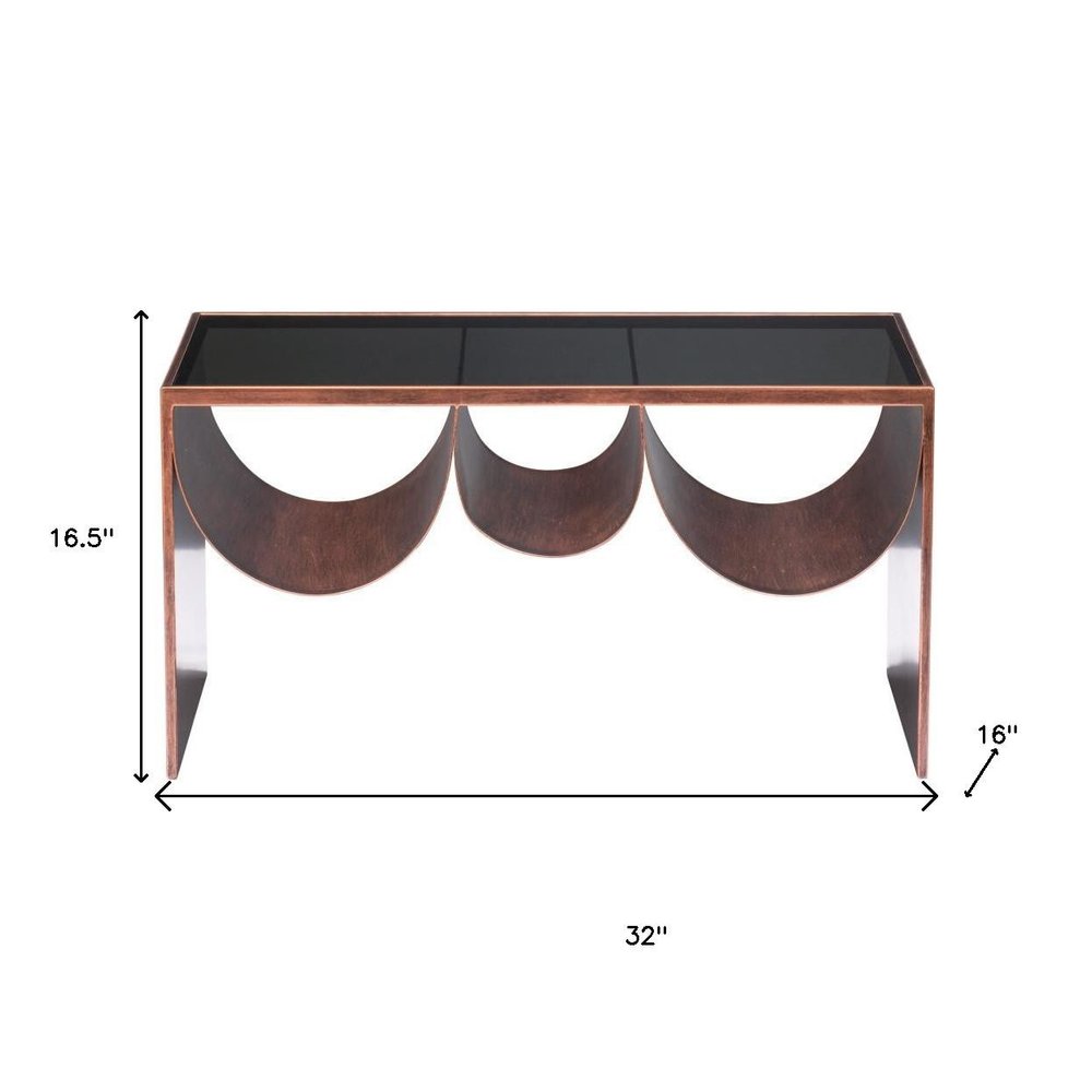 32" Black and Copper Mirrored Glass and Steel Solid Coffee Table