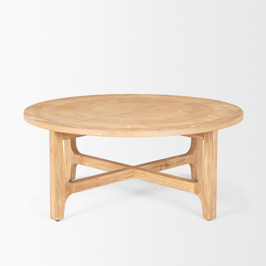 39" Natural and White Solid Wood Round Distressed Coffee Table