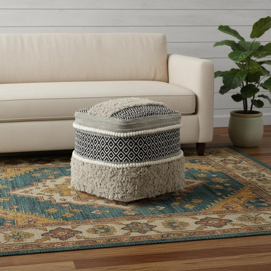 Decorative ottoman with patterned design in a living room setting