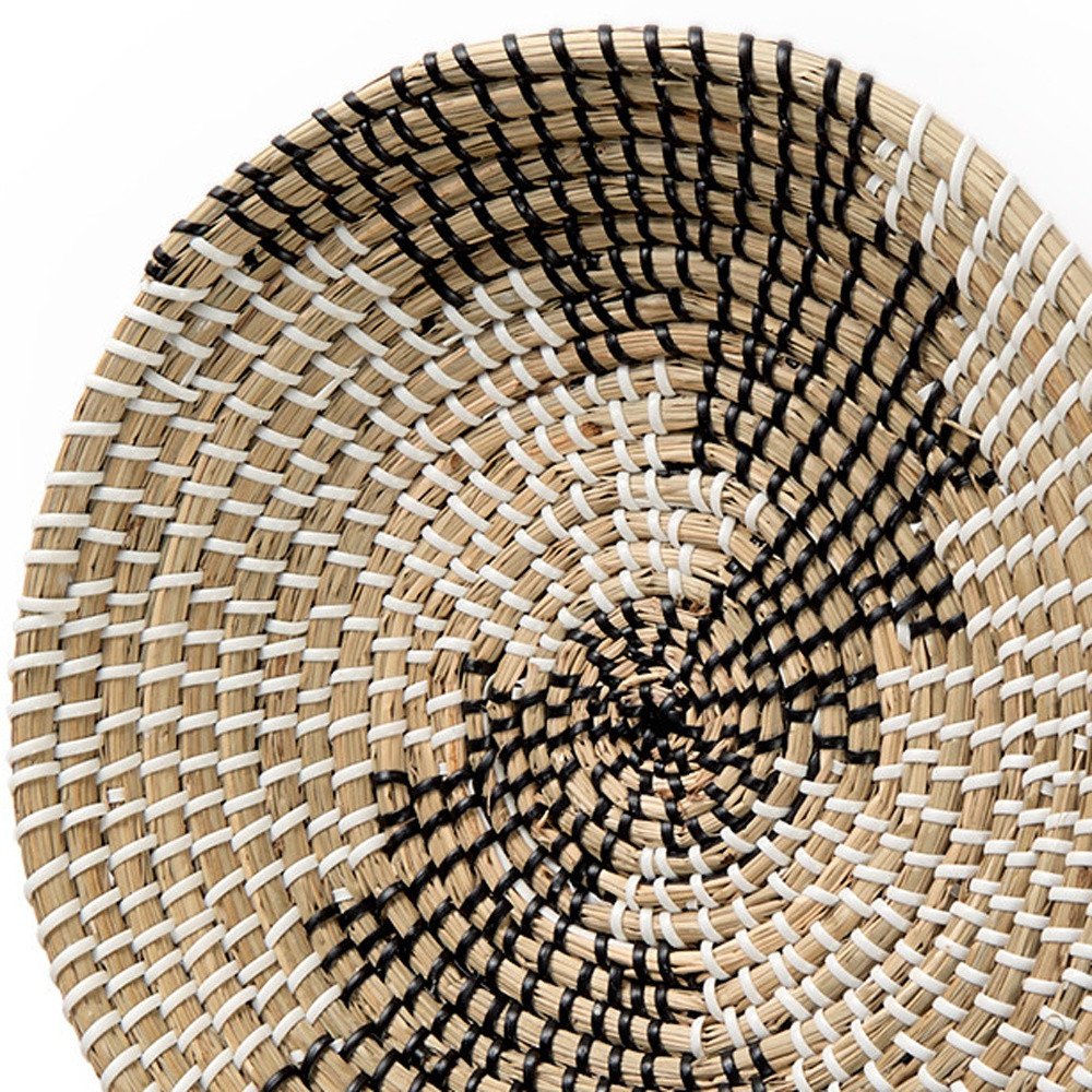 12" X 12" Brown Black And White Round Geo Seagrass Hanging Dimensional Sculpture