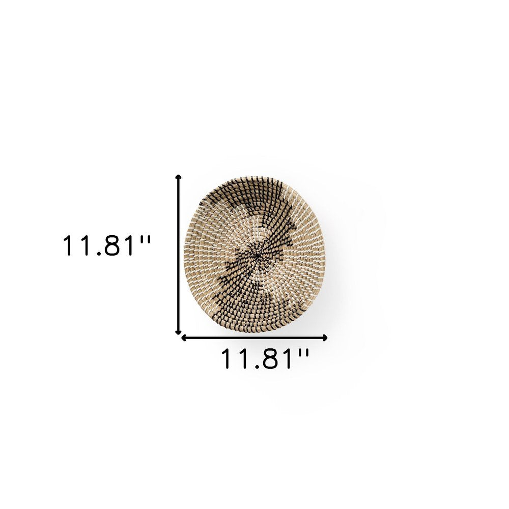 12" X 12" Brown Black And White Round Geo Seagrass Hanging Dimensional Sculpture