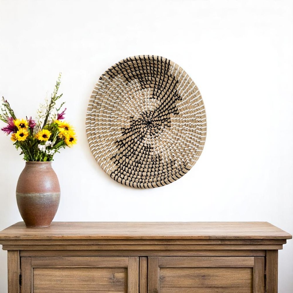 12" X 12" Brown Black And White Round Geo Seagrass Hanging Dimensional Sculpture